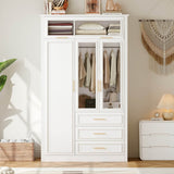 LED Illuminated White Pine Wood 4 Door Wardrobe Armoire - Driftwood - Omega Lifestyles