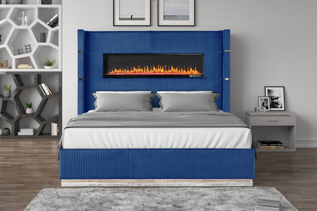 Lizelle King Velvet Upholstered Bed Frame With Fireplace - Omega Lifestyles