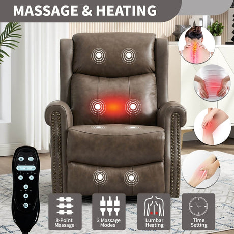 Medium - Firm Genuine Leather Heat Massage Recliner Chair - Driftwood - Omega Lifestyles