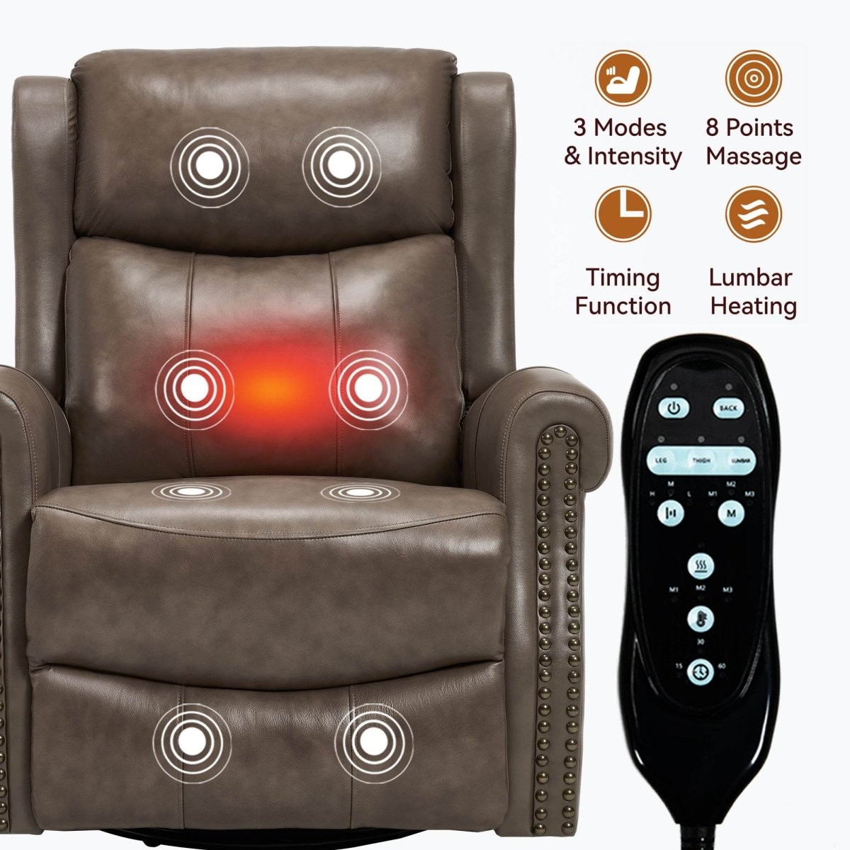 Medium - Firm Genuine Leather Heat Massage Recliner Chair - Driftwood - Omega Lifestyles