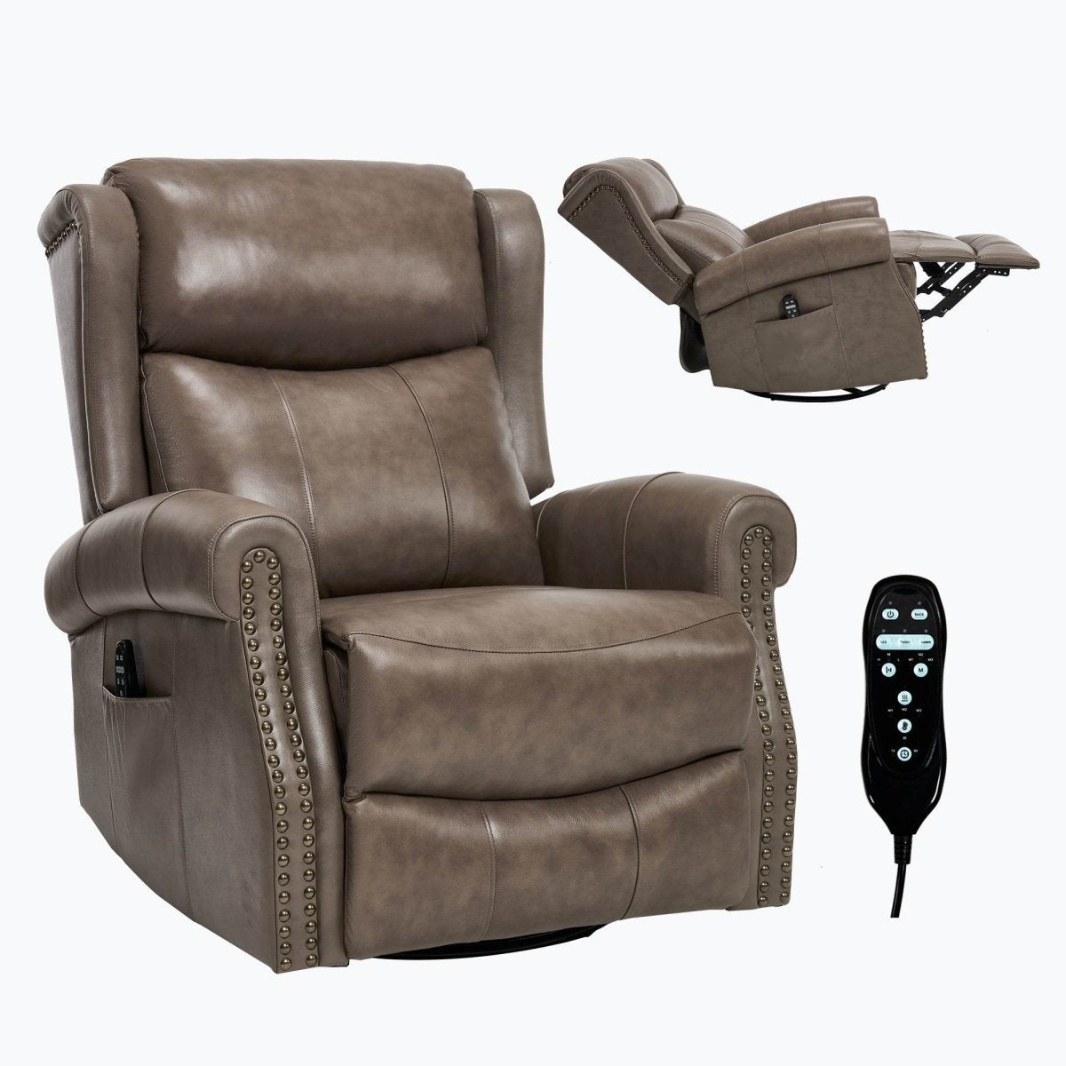 Medium - Firm Genuine Leather Heat Massage Recliner Chair - Driftwood - Omega Lifestyles