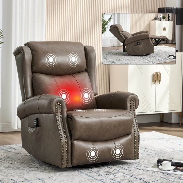 Medium - Firm Genuine Leather Heat Massage Recliner Chair - Driftwood - Omega Lifestyles