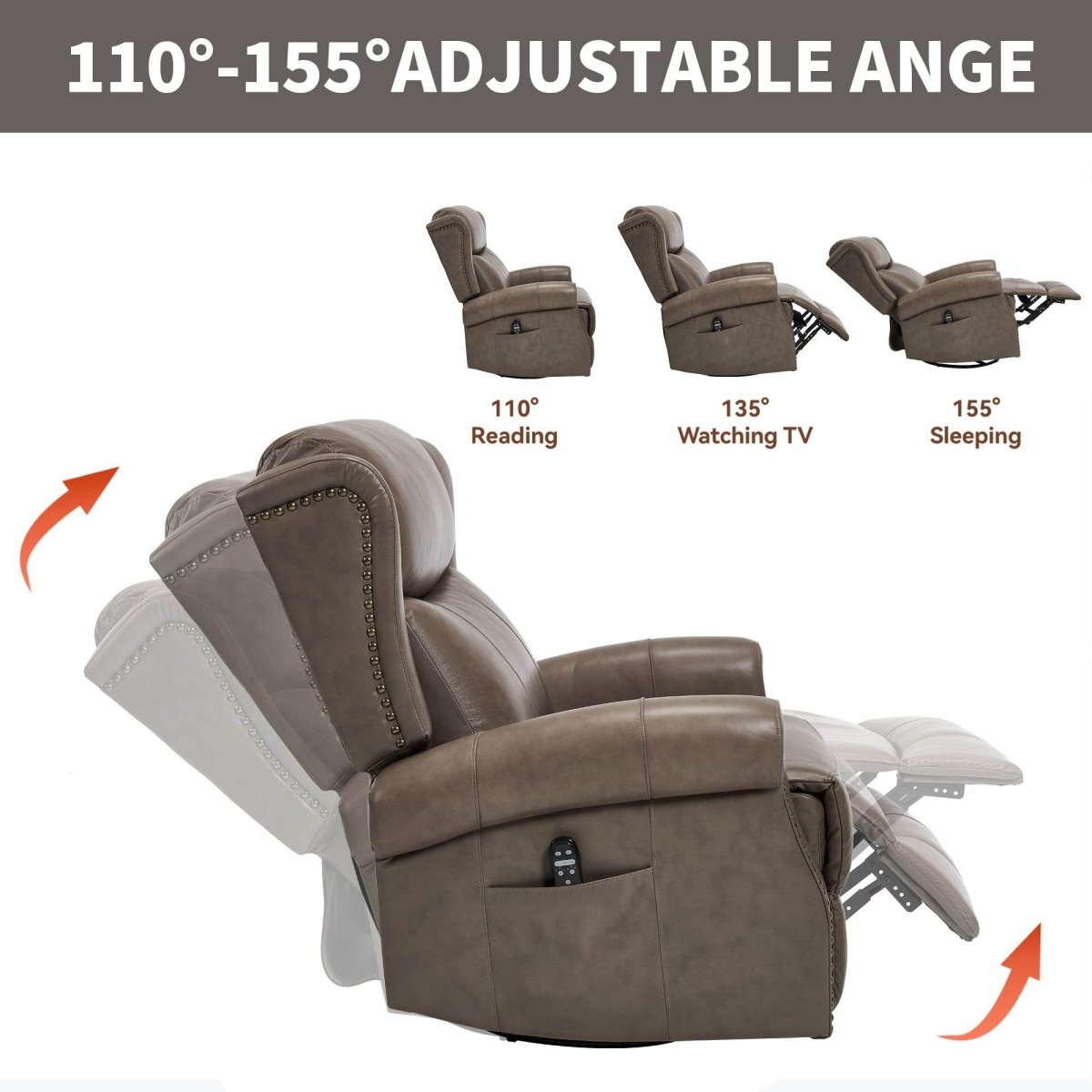 Medium - Firm Genuine Leather Heat Massage Recliner Chair - Driftwood - Omega Lifestyles