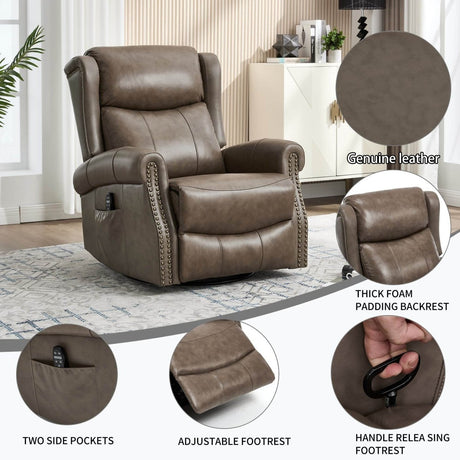 Medium - Firm Genuine Leather Heat Massage Recliner Chair - Driftwood - Omega Lifestyles