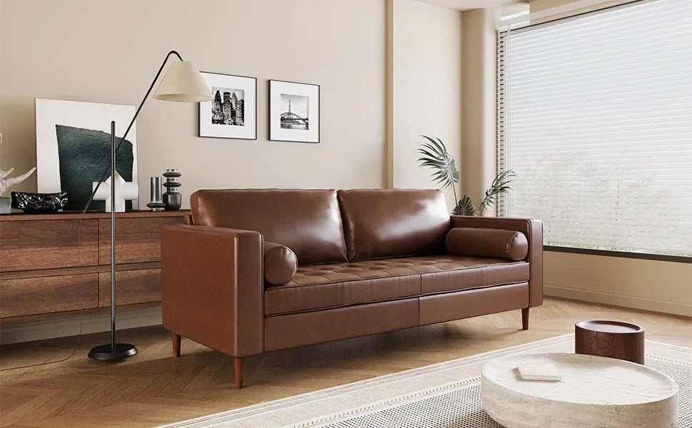 Mid-Century Modern PU Leather 3-Seat Sofa With Pillows - Omega Lifestyles