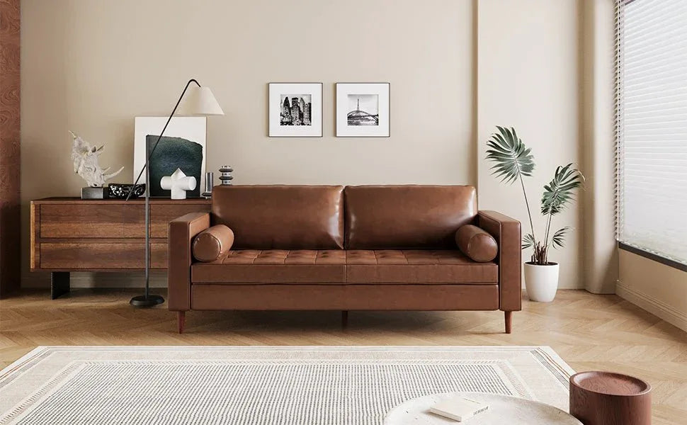 Mid-Century Modern PU Leather 3-Seat Sofa With Pillows - Omega Lifestyles