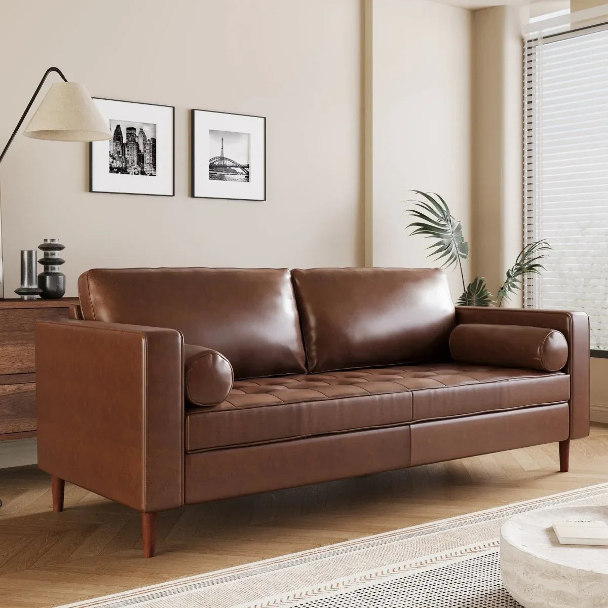 Mid-Century Modern PU Leather 3-Seat Sofa With Pillows - Omega Lifestyles