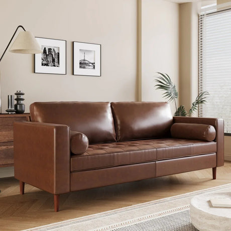 Mid-Century Modern PU Leather 3-Seat Sofa With Pillows - Omega Lifestyles