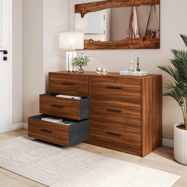 Modern 6-Drawer Fabric Dresser With Walnut Finish - Omega Lifestyles