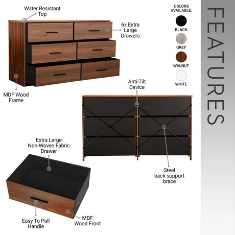 Modern 6-Drawer Fabric Dresser With Walnut Finish - Omega Lifestyles