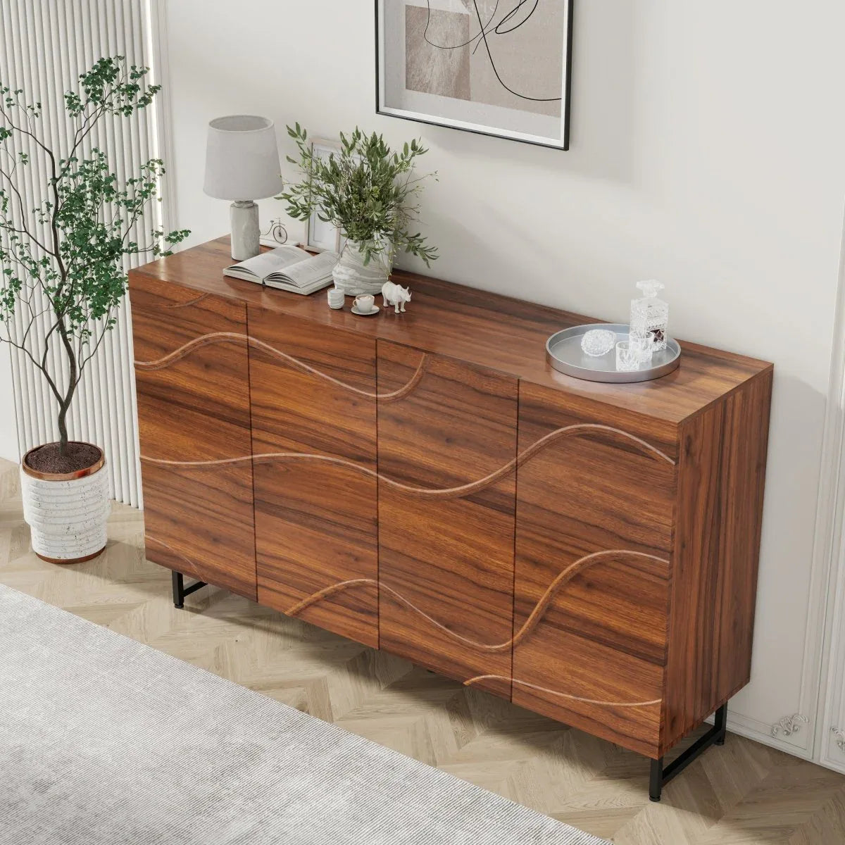 Modern Art Wave Relief MDF Sideboard With Iron Legs - Omega Lifestyles