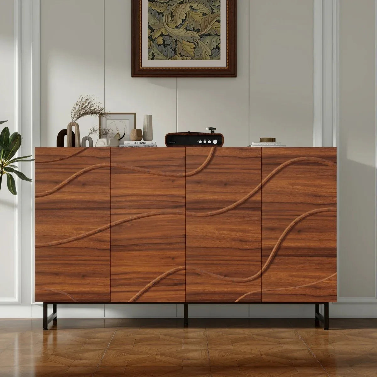 Modern Art Wave Relief MDF Sideboard With Iron Legs - Omega Lifestyles