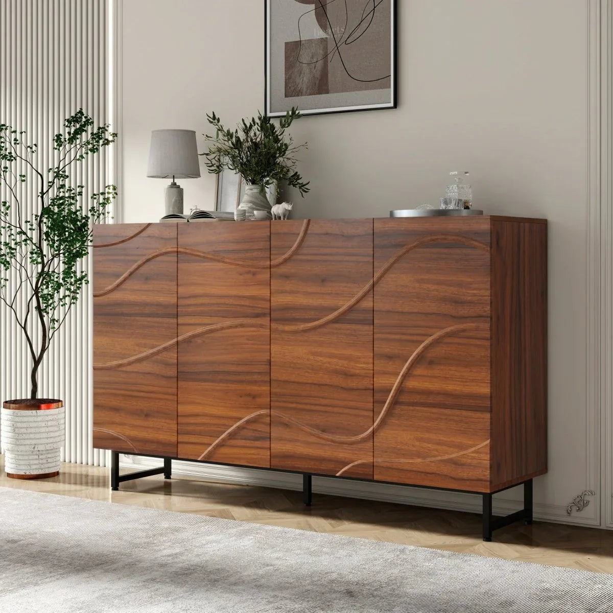 Modern Art Wave Relief MDF Sideboard With Iron Legs - Omega Lifestyles