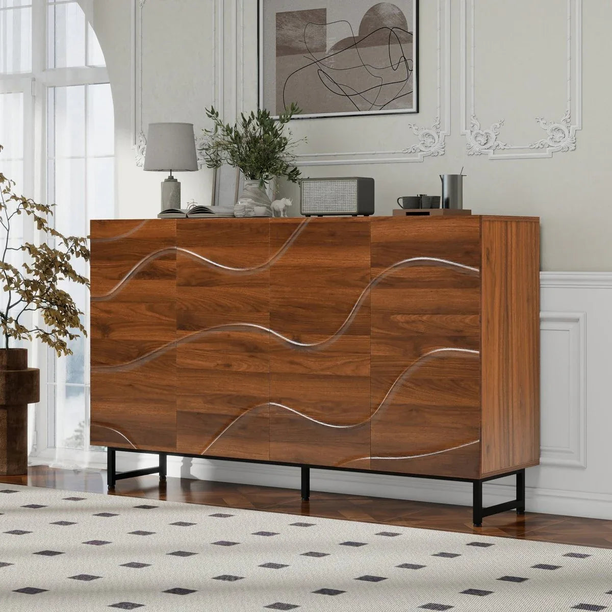 Modern Art Wave Relief MDF Sideboard With Iron Legs - Omega Lifestyles