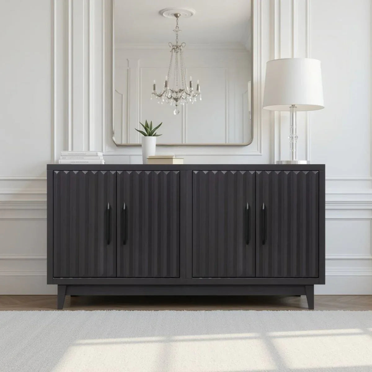 Modern Black Wood Four Door Storage Cabinet Console - Omega Lifestyles