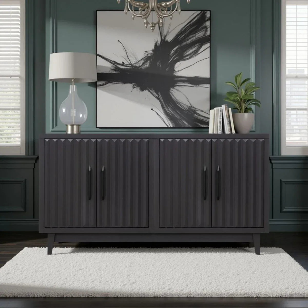 Modern Black Wood Four Door Storage Cabinet Console - Omega Lifestyles