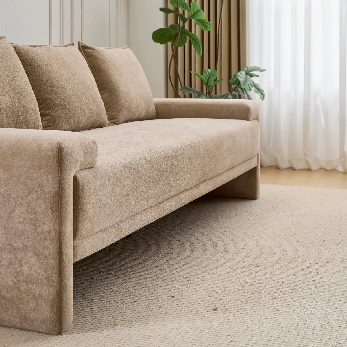 Modern Camel Velvet 3-Seater Upholstered Fabric Sofa - Omega Lifestyles