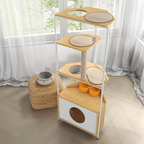 Modern Corner Cat Tower With Scratching Post And Condo - Driftwood - Omega Lifestyles