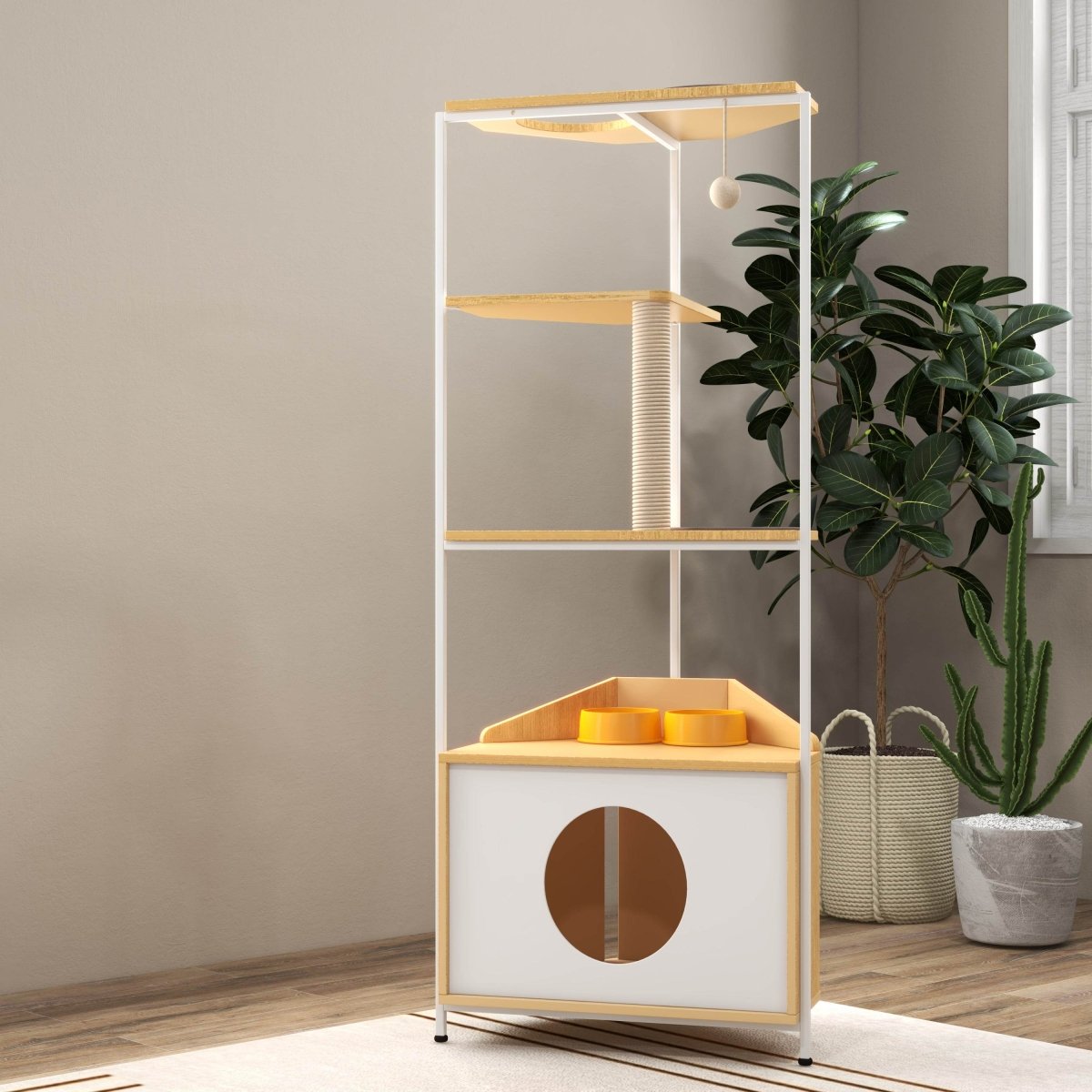 Modern Corner Cat Tower With Scratching Post And Condo - Driftwood - Omega Lifestyles