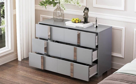 Modern Grey Dresser With Mirrored Metal Handles And 6 Drawers - Omega Lifestyles