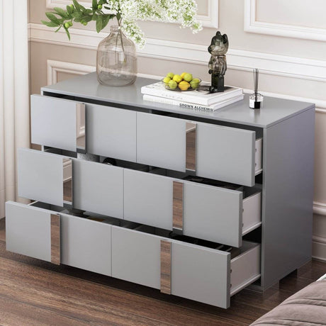 Modern Grey Dresser With Mirrored Metal Handles And 6 Drawers - Omega Lifestyles