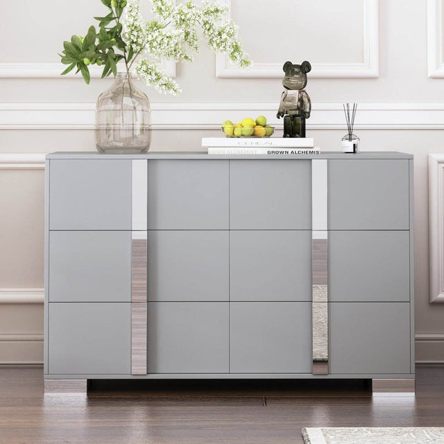 Modern Grey Dresser With Mirrored Metal Handles And 6 Drawers - Omega Lifestyles