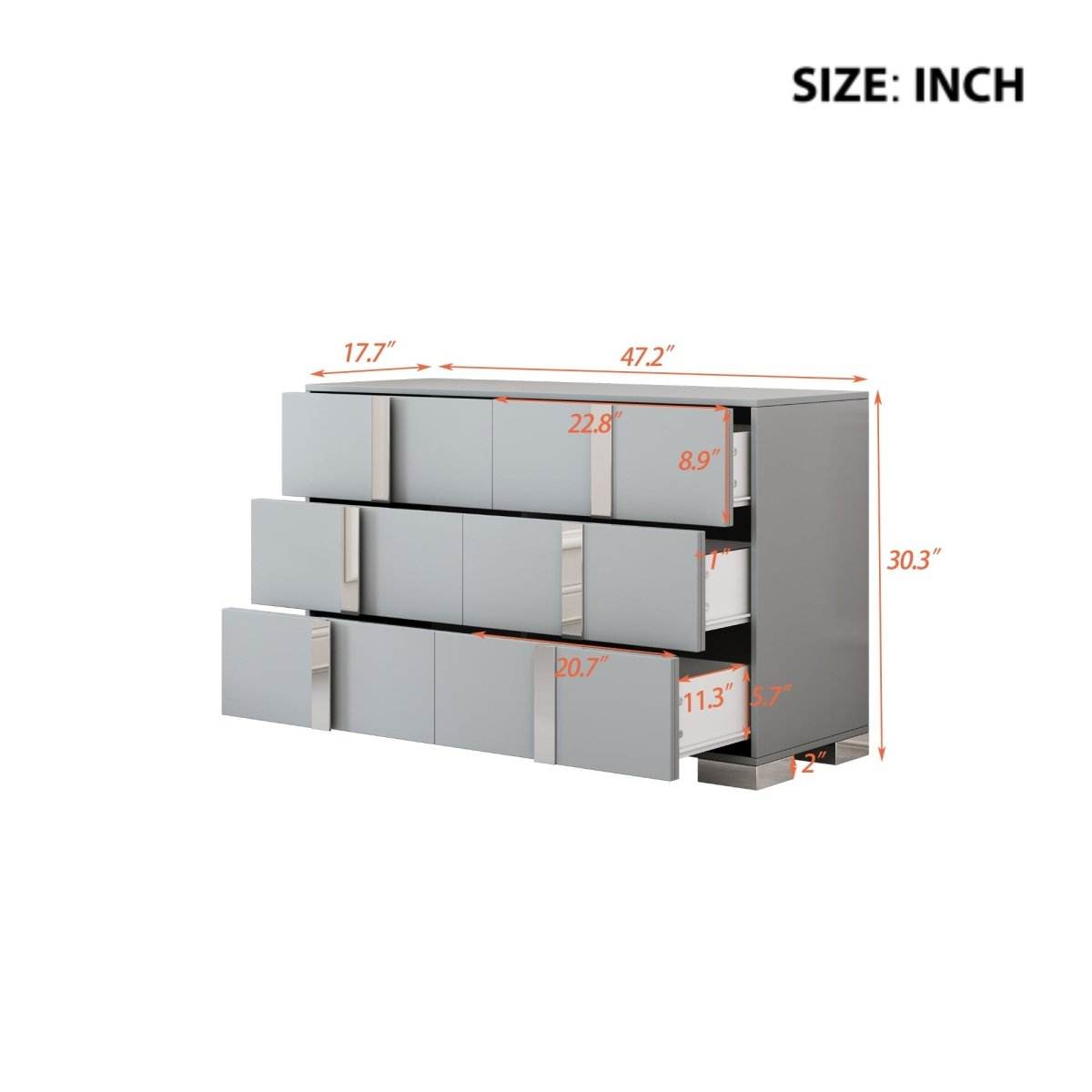 Modern Grey Dresser With Mirrored Metal Handles And 6 Drawers - Omega Lifestyles