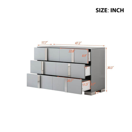 Modern Grey Dresser With Mirrored Metal Handles And 6 Drawers - Omega Lifestyles
