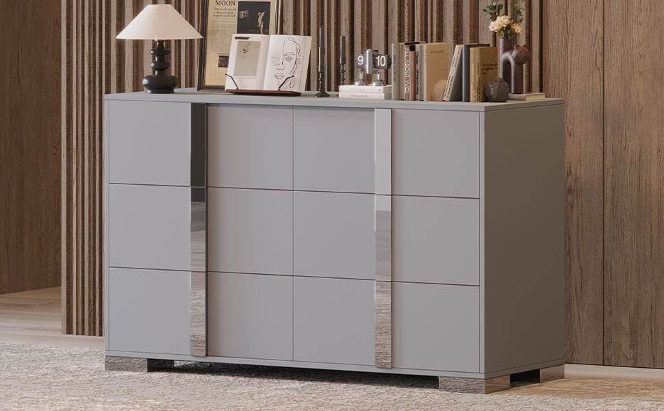 Modern Grey Dresser With Mirrored Metal Handles And 6 Drawers - Omega Lifestyles