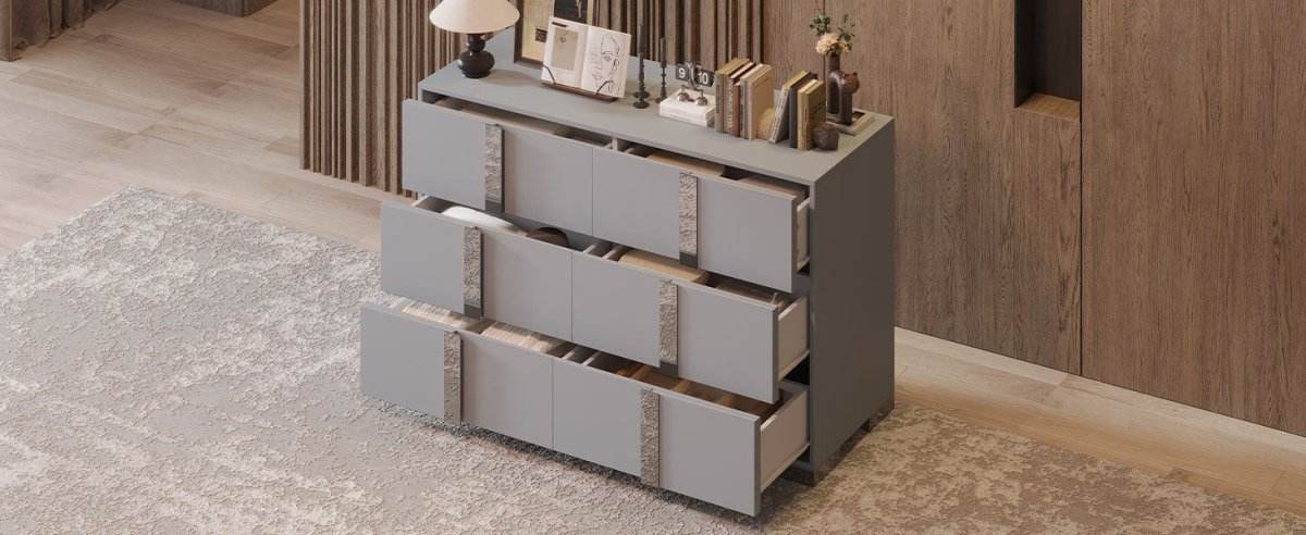 Modern Grey Dresser With Mirrored Metal Handles And 6 Drawers - Omega Lifestyles
