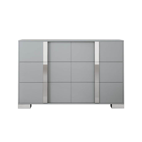 Modern Grey Dresser With Mirrored Metal Handles And 6 Drawers - Omega Lifestyles