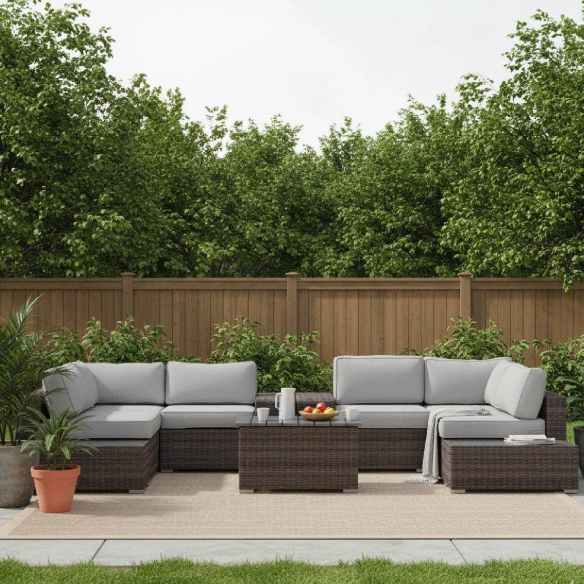 Modern Rattan Wicker Patio Seating Set With Cushions - Driftwood - Omega Lifestyles