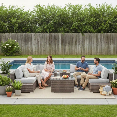 Modern Rattan Wicker Patio Seating Set With Cushions - Driftwood - Omega Lifestyles