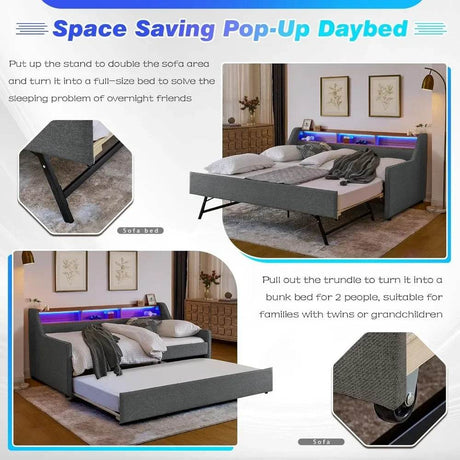 Modern Upholstered Twin Daybed With Wireless Charger Trundle - Omega Lifestyles