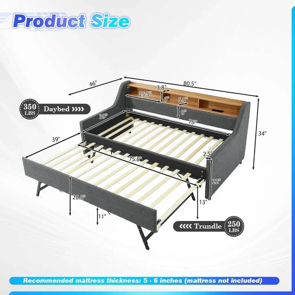 Modern Upholstered Twin Daybed With Wireless Charger Trundle - Omega Lifestyles