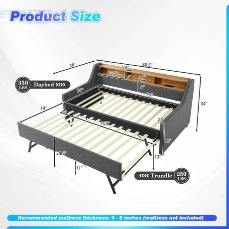 Modern Upholstered Twin Daybed With Wireless Charger Trundle - Omega Lifestyles
