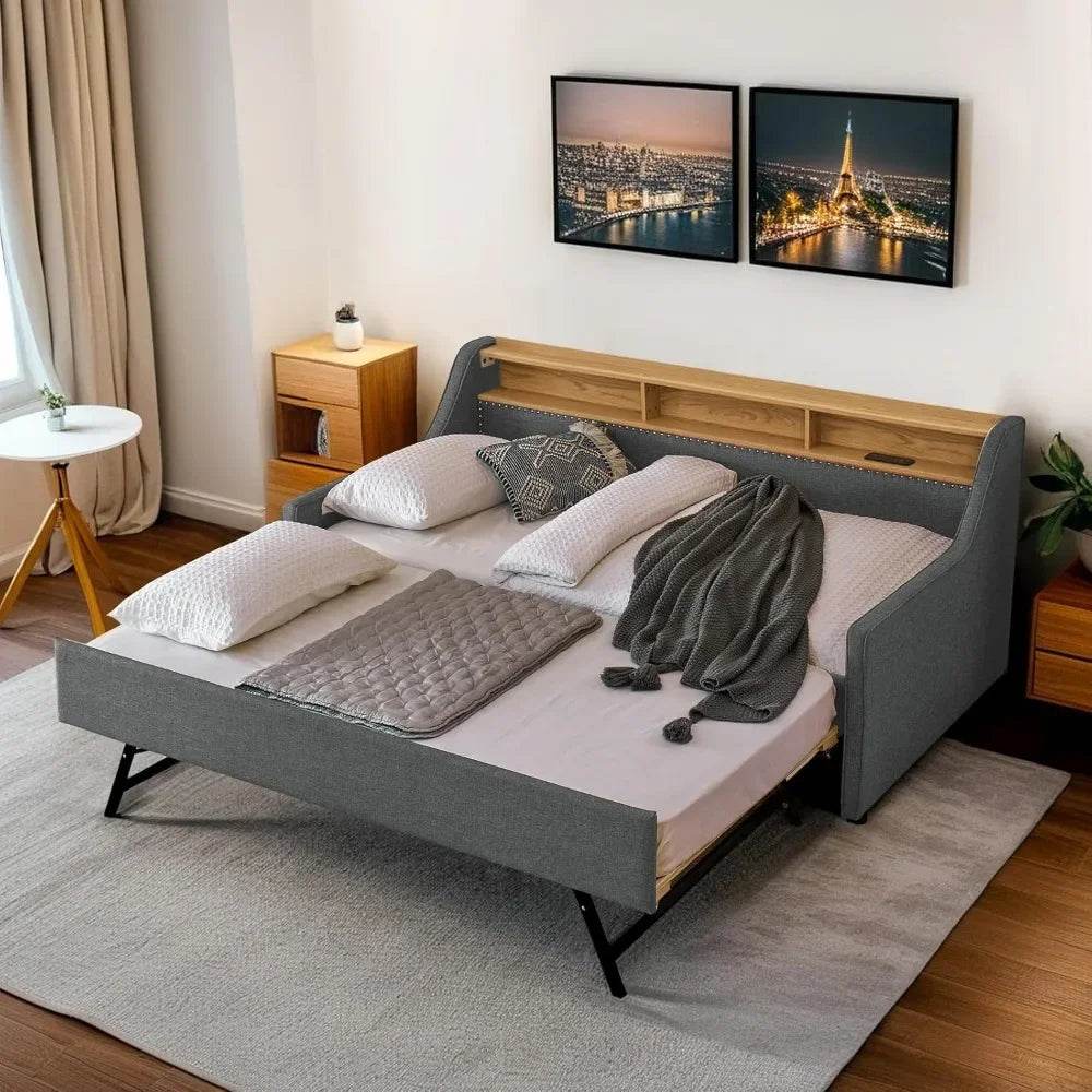 Modern Upholstered Twin Daybed With Wireless Charger Trundle - Omega Lifestyles