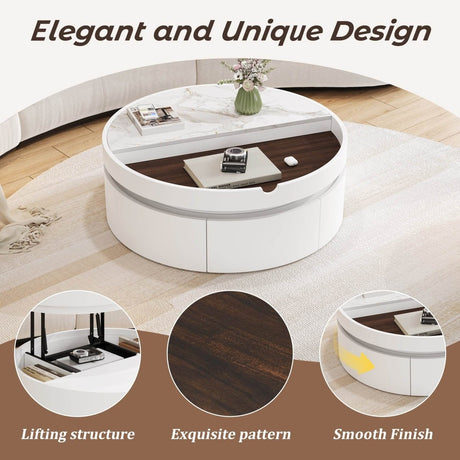 Modern White Walnut Round Lift - Top Coffee Table With Drawer - Driftwood - Omega Lifestyles