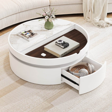 Modern White Walnut Round Lift - Top Coffee Table With Drawer - Driftwood - Omega Lifestyles
