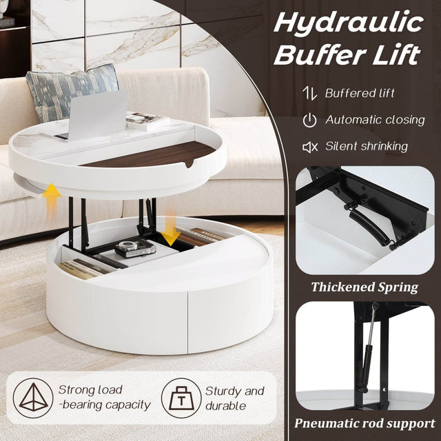 Modern White Walnut Round Lift-Top Coffee Table With Drawer - Omega Lifestyles