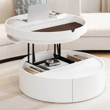 Modern White Walnut Round Lift - Top Coffee Table With Drawer - Driftwood - Omega Lifestyles