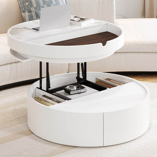Modern White Walnut Round Lift-Top Coffee Table With Drawer - Omega Lifestyles