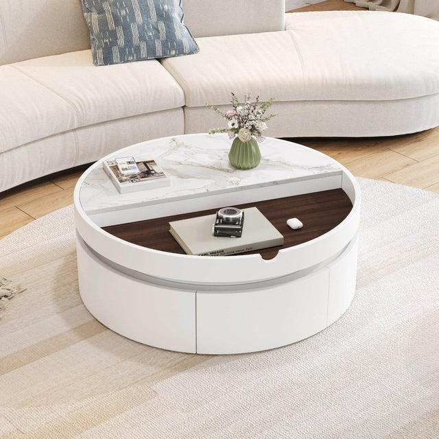 Modern White Walnut Round Lift-Top Coffee Table With Drawer - Omega Lifestyles