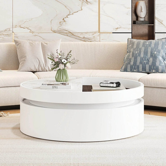 Modern White Walnut Round Lift-Top Coffee Table With Drawer - Omega Lifestyles