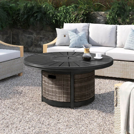 Modern Wicker Propane Outdoor Round Fire Pit Table - Driftwood - Omega Lifestyles