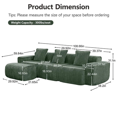 Modular Velvet 3-Seat L Shape Sectional Sofa With Ottoman - Omega Lifestyles