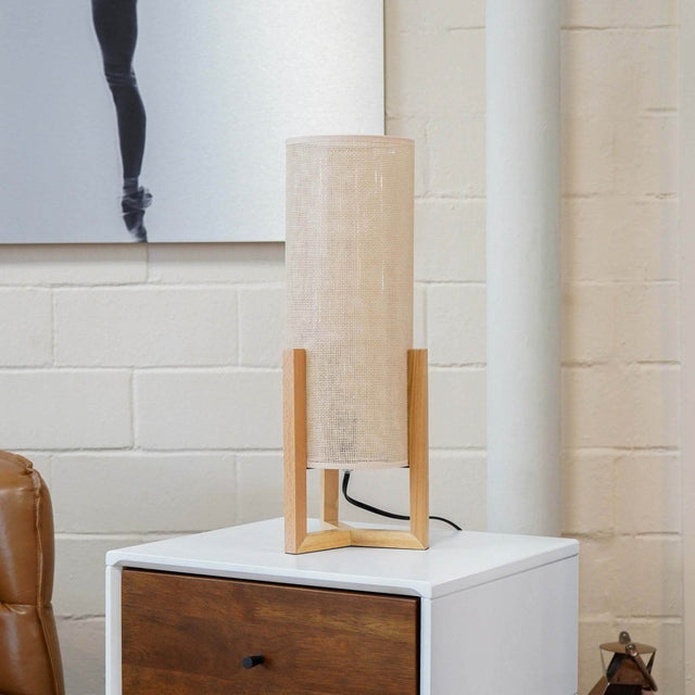 Oak Wood Mid-Century Modern Table Lamp with Rattan Shade - Omega Lifestyles