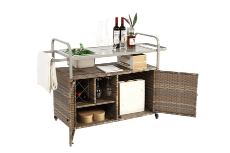 Outdoor Bar Table With Wicker Cabinet Steel Top Cart - Omega Lifestyles