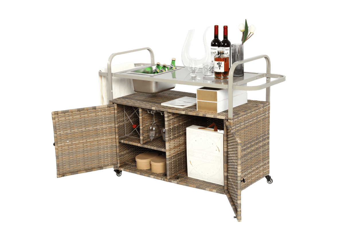 Outdoor Bar Table With Wicker Cabinet Steel Top Cart - Omega Lifestyles