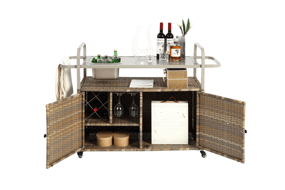 Outdoor Bar Table With Wicker Cabinet Steel Top Cart - Omega Lifestyles